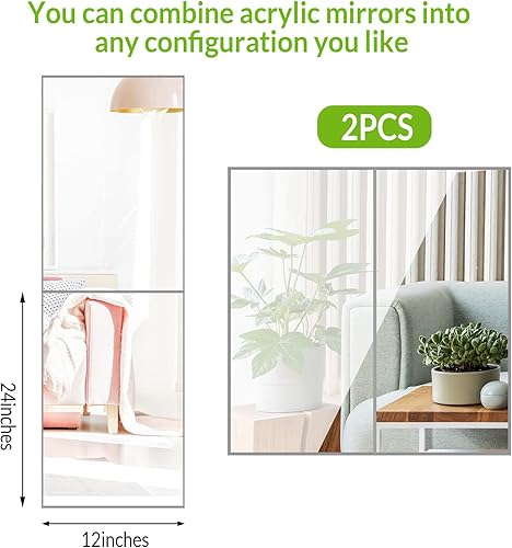 Miniatura 6 de Queekay 2 hojas de espejo de plástico acrílico de 12 x 24 pulgadas, azulejos de espejo de pared autoadhesivos de 0.079in de grosor, paneles de