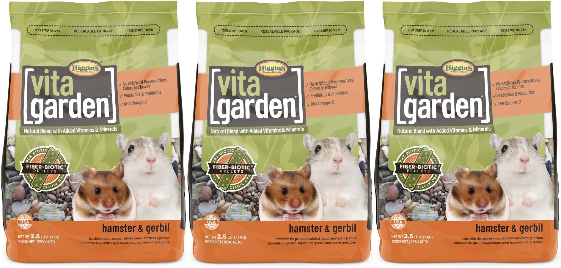 Higgins 3 Pack of Vita Garden Hamster and Gerbil Food, 2.5 Pounds Each, with Fiber-Biotic Pellets