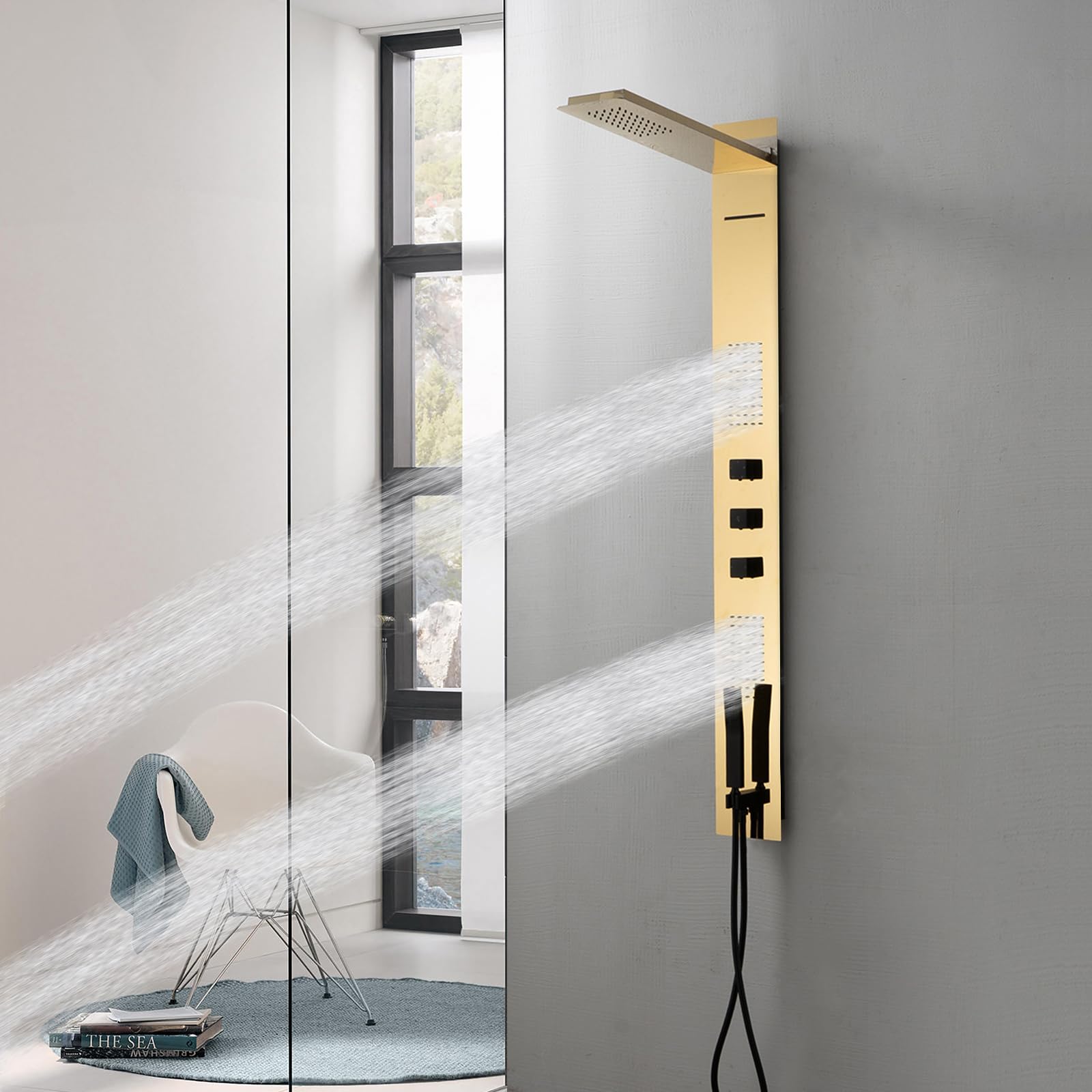 BWE Sistema de torre de panel de ducha dorado pulido, sistema de ducha multifunción con chorros corporales, pulverizador de mano, cabezal de ducha de lluvia y salida de cascada, paneles de ducha de