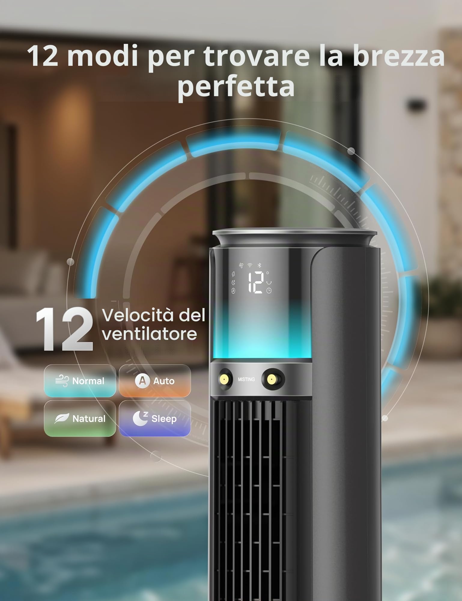 DREO TurboCool Outdoor 711AS - Ventilatore a nebbia per esterni, potenza 10 m/s, 12 livelli, 4 modalità, ventilatore intelligente a piantana, oscillazione a 150°, silenzioso 20 dB, motore DC