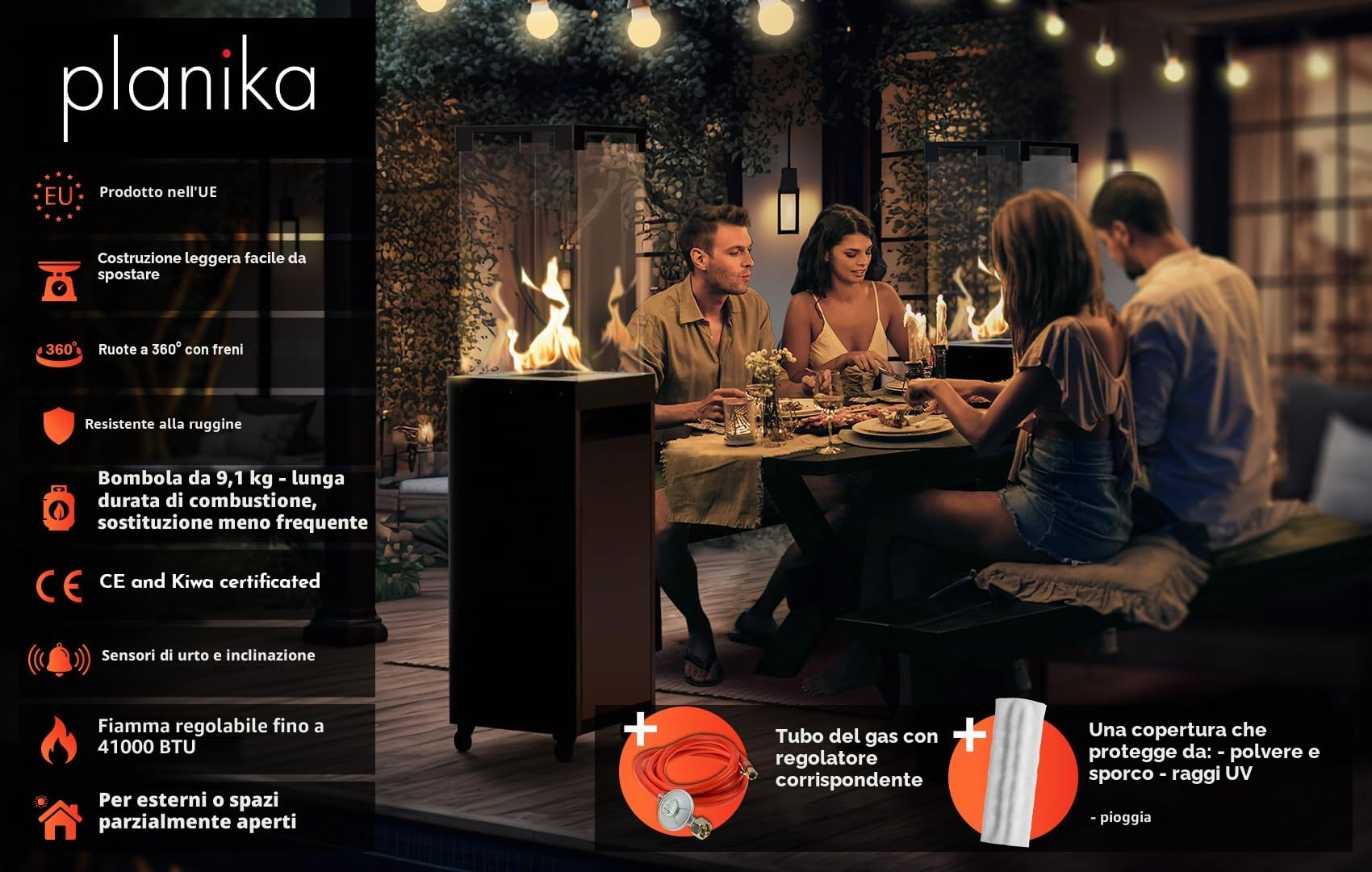Planika Faro Patio Gas Riscaldatore nero portatile autonomo a propano per giardino terrazza