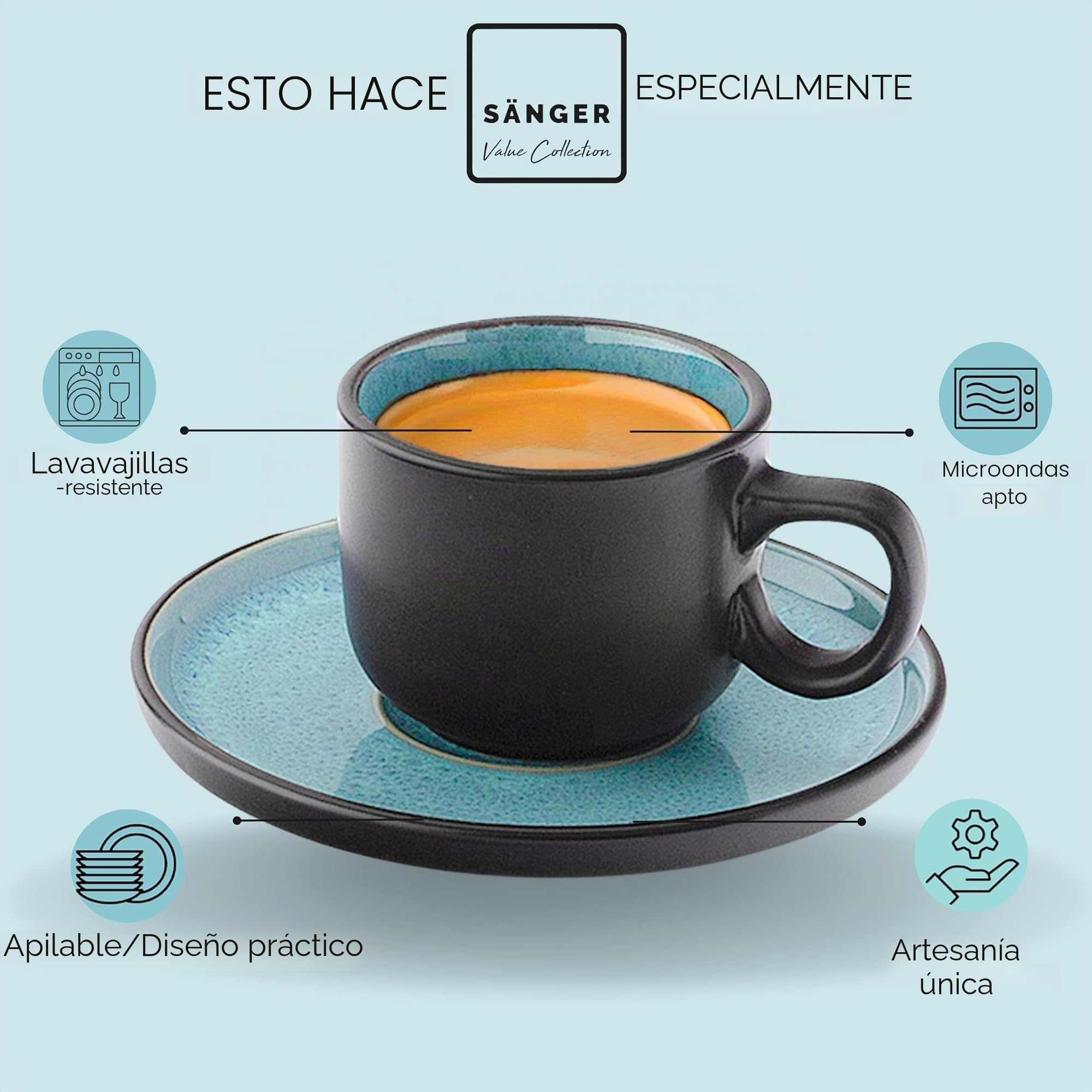 Sänger Granada Juego de tazas de café espresso (12 unidades, 80 ml), color azul con borde negro, 80 ml