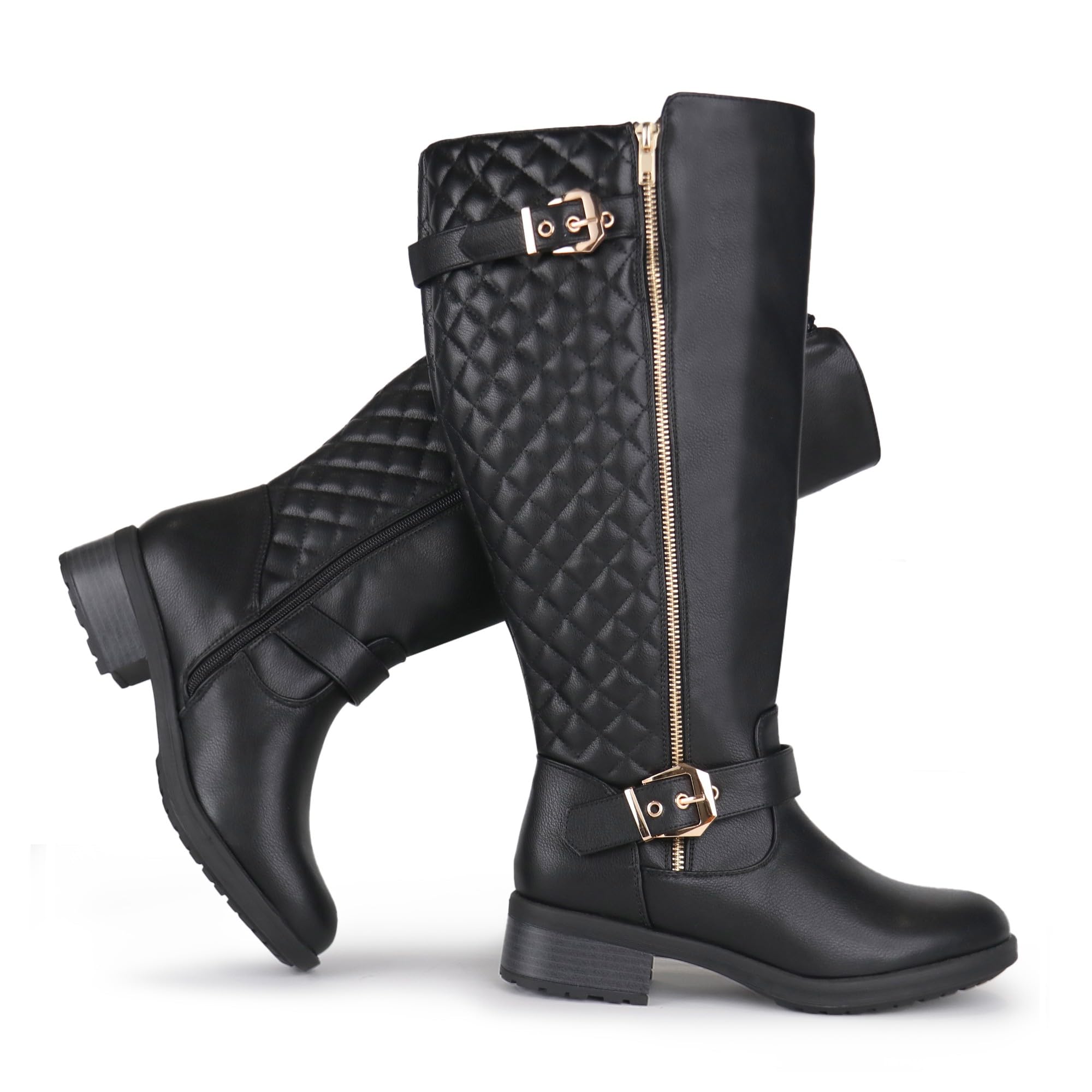 Botas de montar hasta la rodilla extra anchas para mujer, estilo retro, con doble hebilla, estilo chic, para otoño