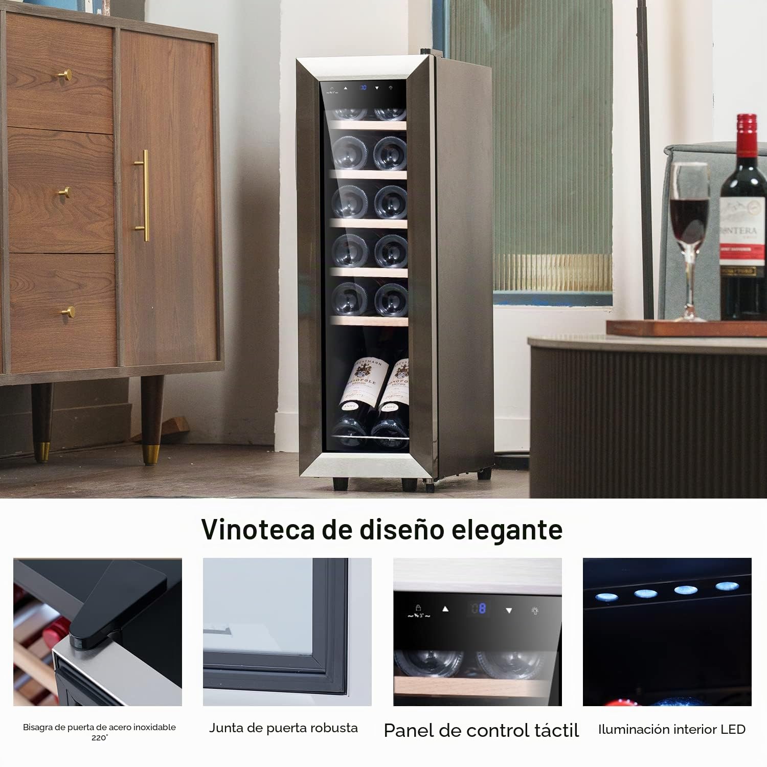 Kalamera Nevera pequeña para vino, 5 – 18 °C, compresor, 12 botellas, almohadillas de madera extraíbles, 35 litros, KRC-35FCSS Vinoteca