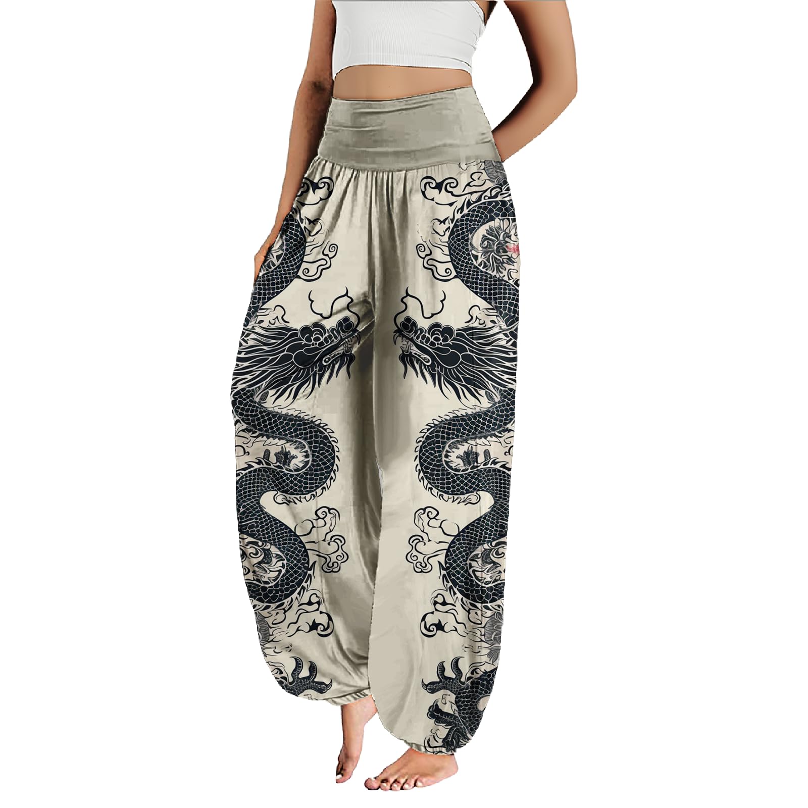 MARSVOVO Harem Pants Women Novelty Print Art Style Wide Leg Plus Size High Weist Flowy Japanese Pants