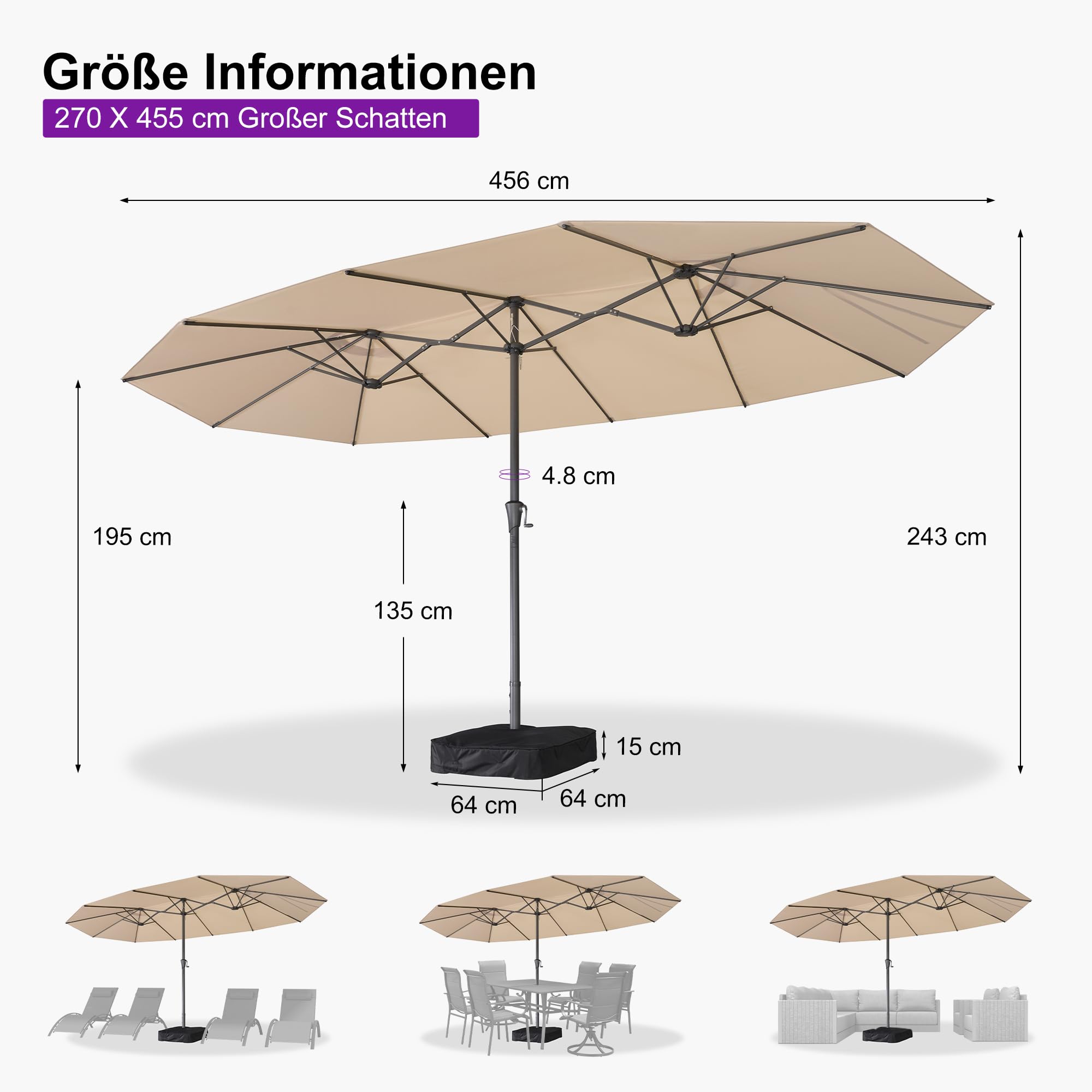 PURPLE LEAF Sonnenschirm 455 × 270 cm mit Kurbel Doppelsonnenschirm, Beige | XL-Schatten, Stabiler Rostschutz-Rahmen, Leichte Kurbelbedienung, UV-Schutz Polyesterz, Inklusive Sandsack, für Cafés