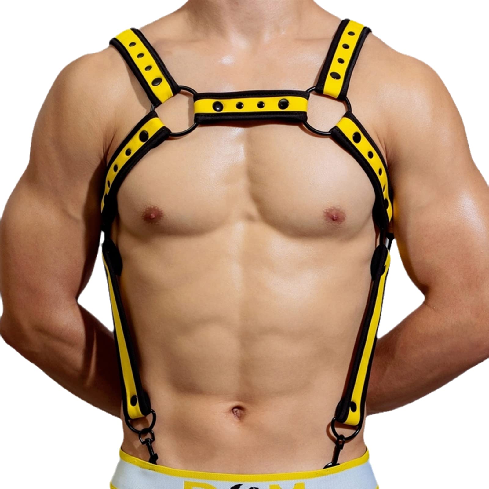 Herren Body Brust Harness Leder-Optik Riemen Geschirr Punk Gürtel Mit Kontrastfarbenem Besatz, Doppelte Schultergurte Einstellbar Schnalle Toll Mit String(One Size, Yellow)