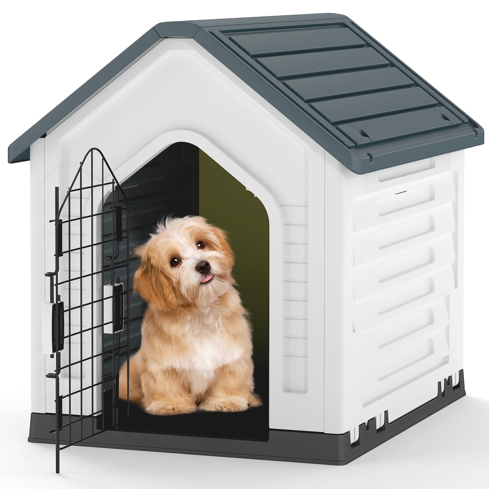 GOPLUS Hundehütte Outdoor Grau - Wetterfest Mit Gittertür 66.5x52x60cm