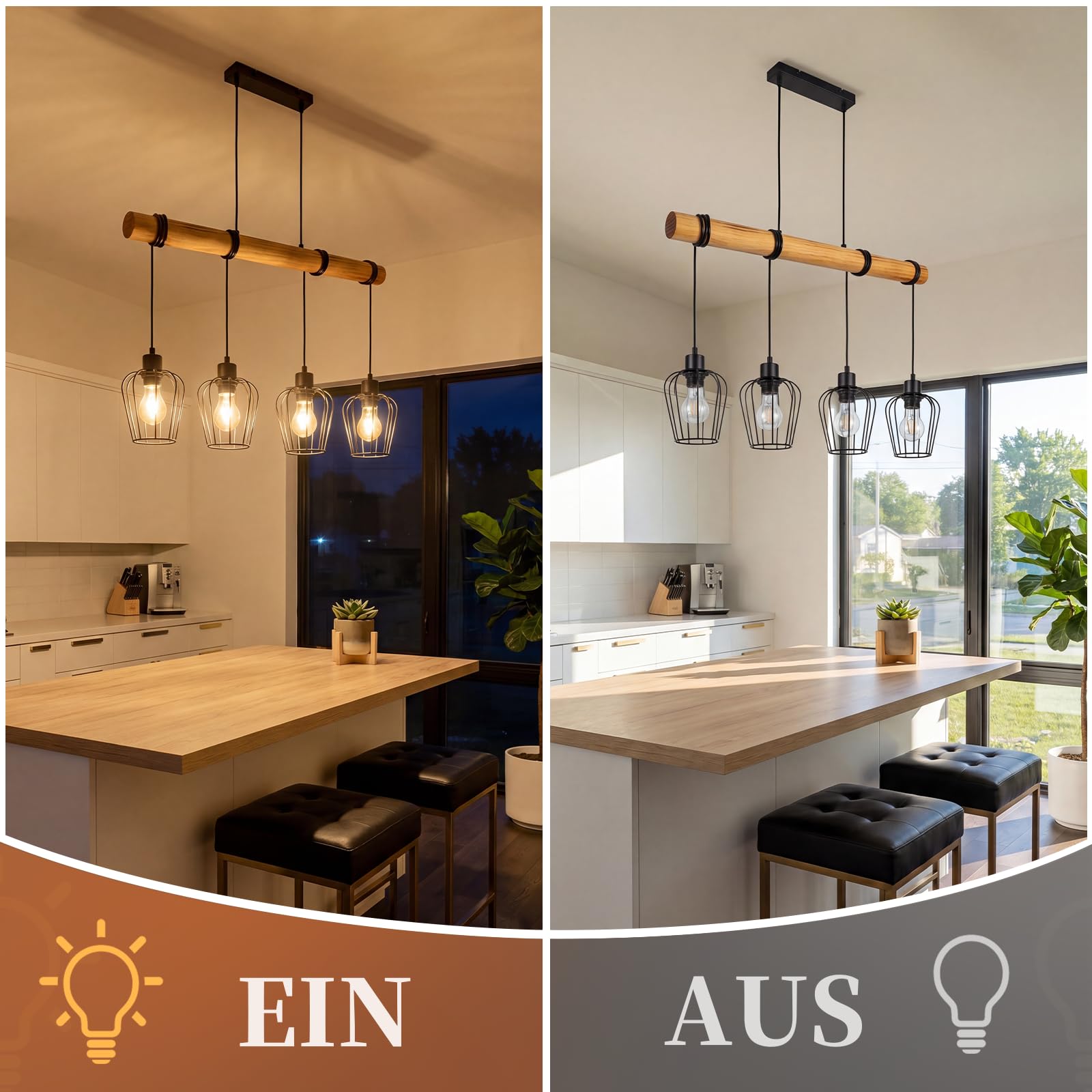 ZMH Retro Pendelleuchte Vintage Hängelampe 4 flammige Holz Esszimmerlampe Pendellampe Wohnzimmer im Industrial Design mit höhenverstellbaren Strahlern - Schwar - Fassung: E27 - ohne Leuchtmittel