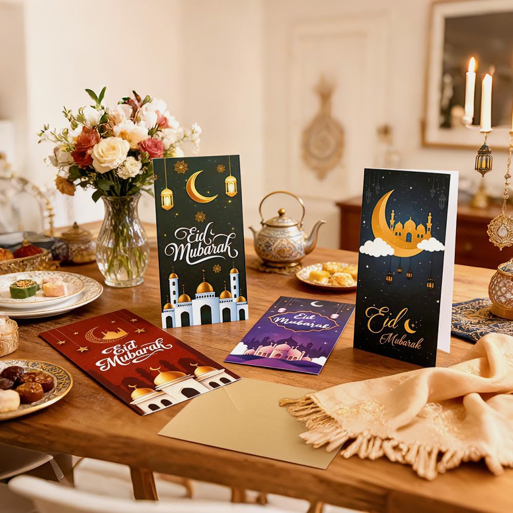 16 Pcs Eid Mubarak Cards with Envelopes, Ramadan Greeting Cards Bulk, 4 Designs Eid Mubarak Money Card for Ramadan EID Al-fitr or EID Al-Adha Party Favors Decorations