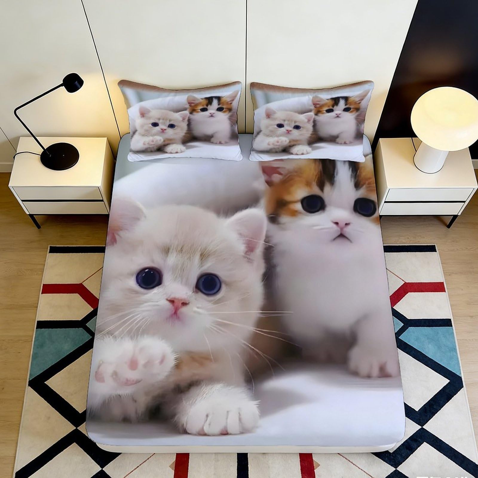 3D Printed Cute Kitten Fitted Sheet Microfiber Soft Non-Slip Cartoon Cat Mattress Cover Bedroom Dorm Decorative Bedding 90x200x25cm