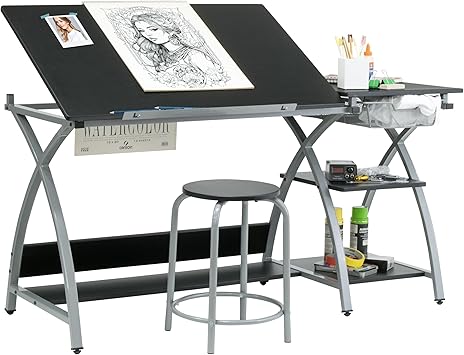 Deluxe Comet Craft Station with Stool, Adjustable Drafting & Art Desk with Storage Shelves, Pencil Ledge, Wire Mesh Drawer, 45 Tilting Top, Steel Frame, Silver/Black