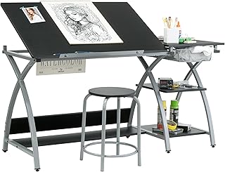 Deluxe Comet Craft Station with Stool, Adjustable Drafting & Art Desk with Storage Shelves, Pencil Ledge, Wire Mesh Drawer, 45° Tilting Top, Steel Frame, Silver/Black