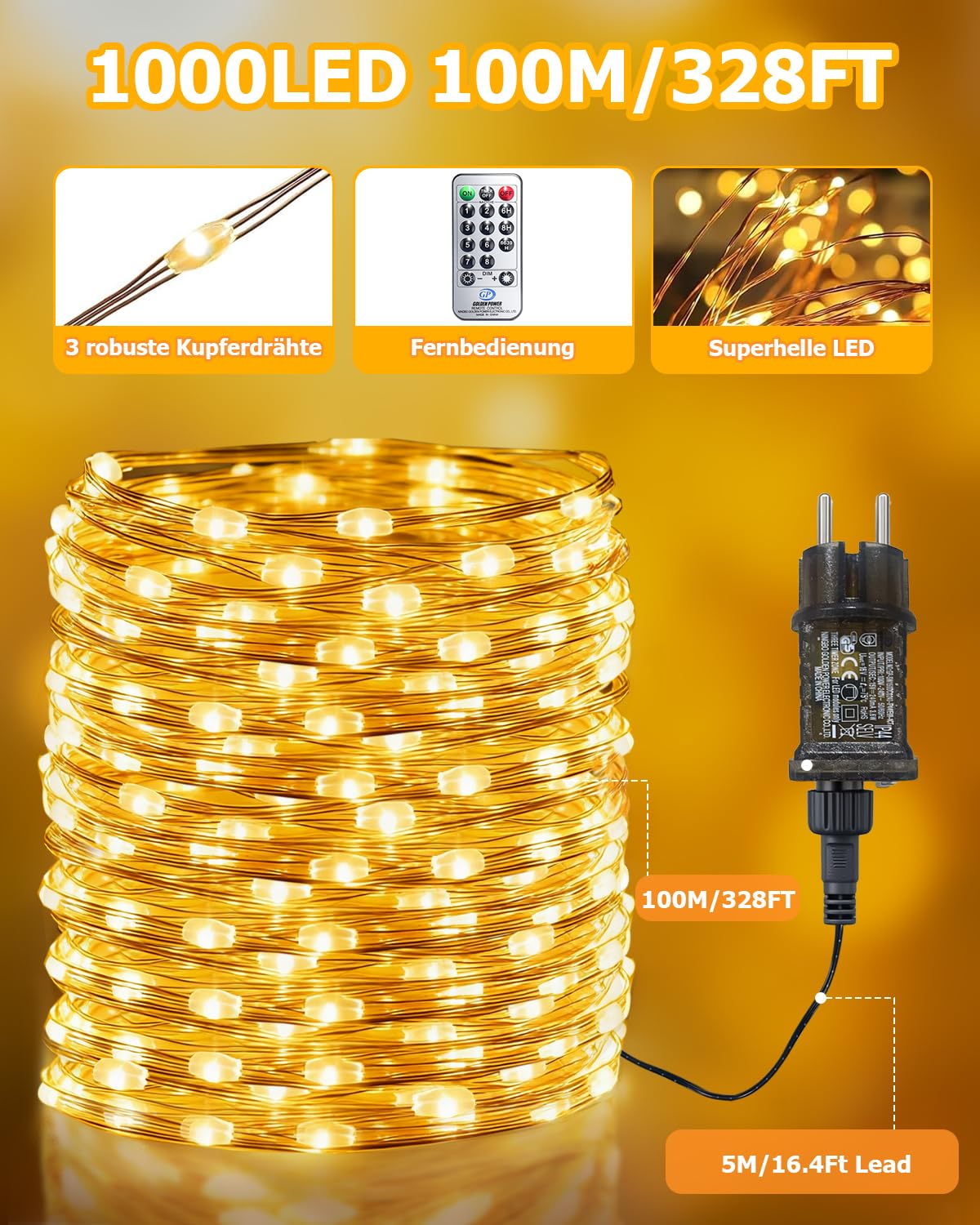 Bzavor Catena luminosa da 100 m, 1000 LED, per interni con spina e funzione memoria, per esterni, corrente in filo di rame con timer 8 modalità, IP65, impermeabile, per Natale, stanza, feste