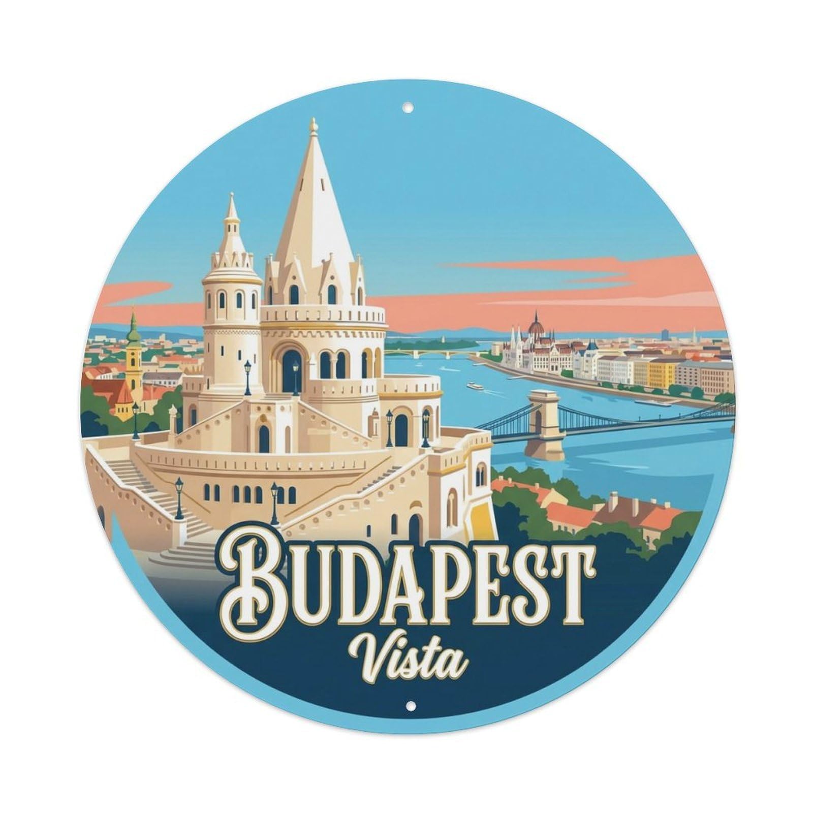 Vintage Travel Budapest Hungary Vista Vintage Metal Tin Sign Plaque Wall Decor for Cafe, Club Bar, Office, Garden Metal Poster 8x8Inch