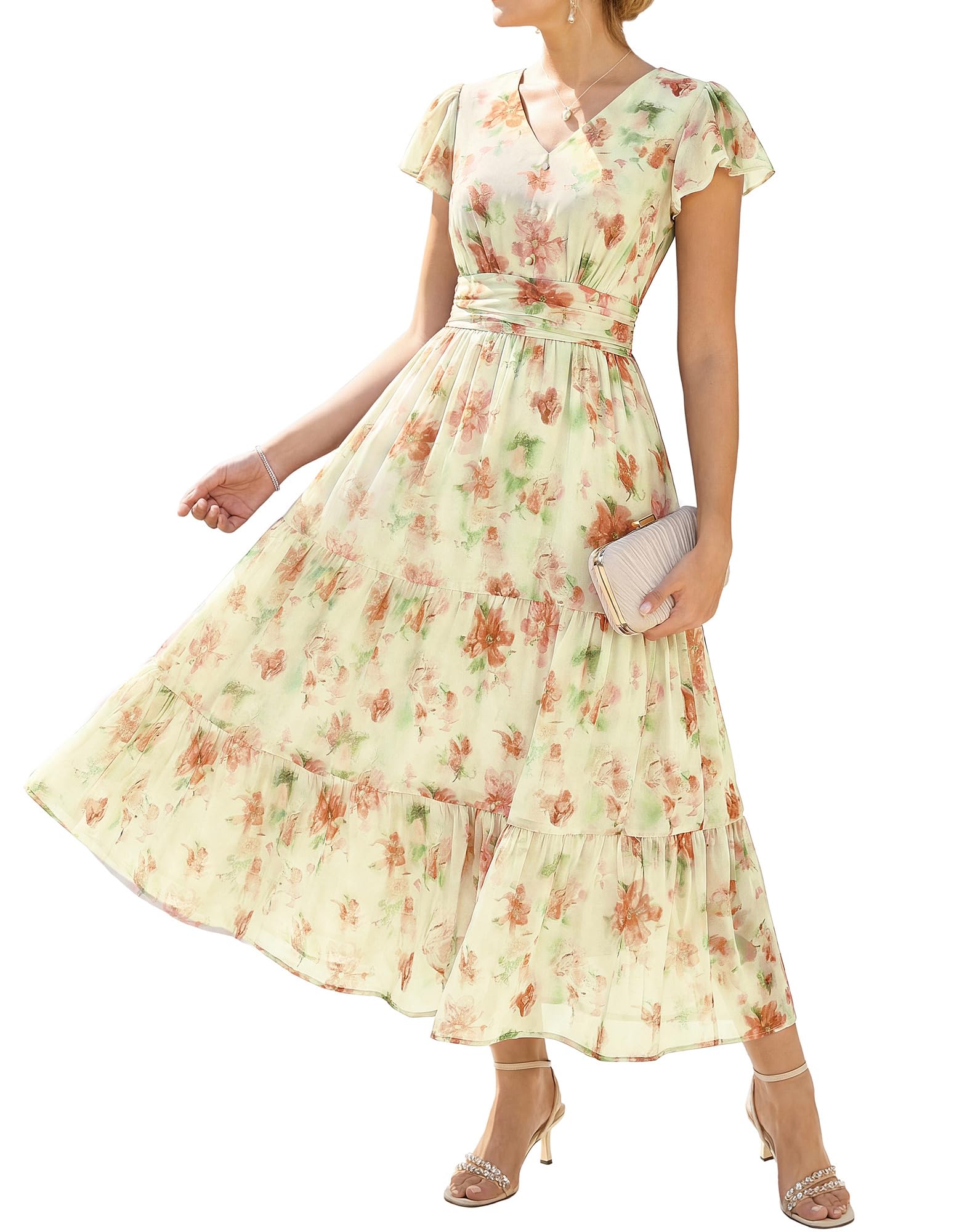 GRACE KARIN Vestido de verano para mujer con mangas con volantes, cuello en V, línea A, con bolsillos