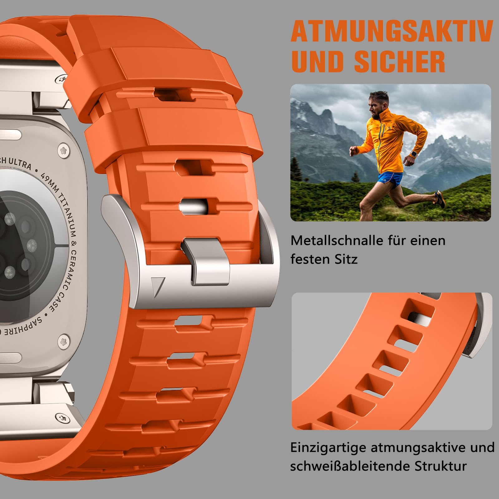 Bandletic Kompatibel mit Apple Watch Ultra 3/2/1 49mm Armband | Sport Weiche Atmungsaktive Armband mit Metallanschluss für iWatch Series 11/10 46mm, 9/8/7 45mm, SE/6/5/4 44mm, 3/2/1 42mm
