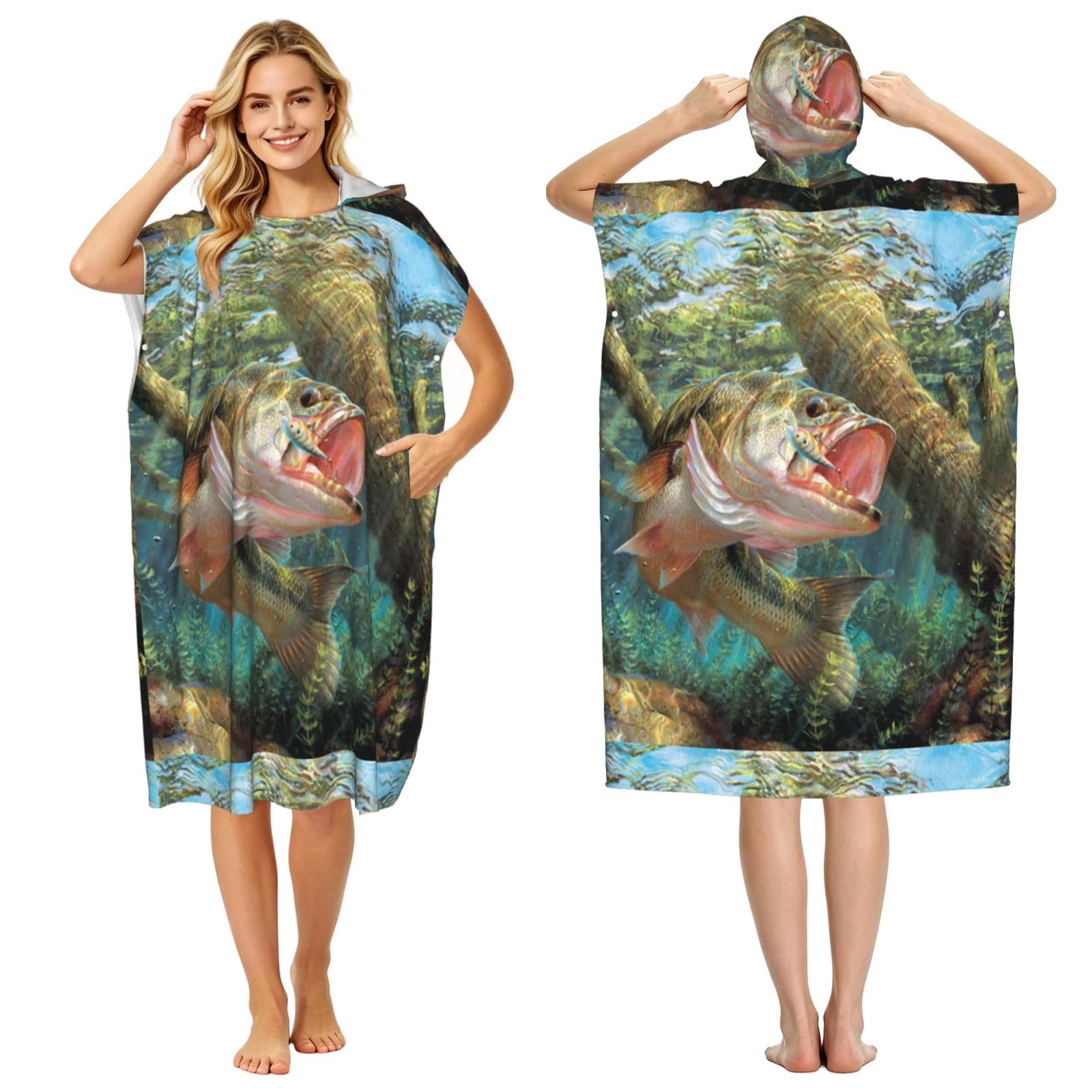 Poadnly Bass Fish Jumping Hook, Adult Hooded Beach Towel 90 x 110 cm,Changing Bath Robe, Surf Poncho Towel For Women Men
