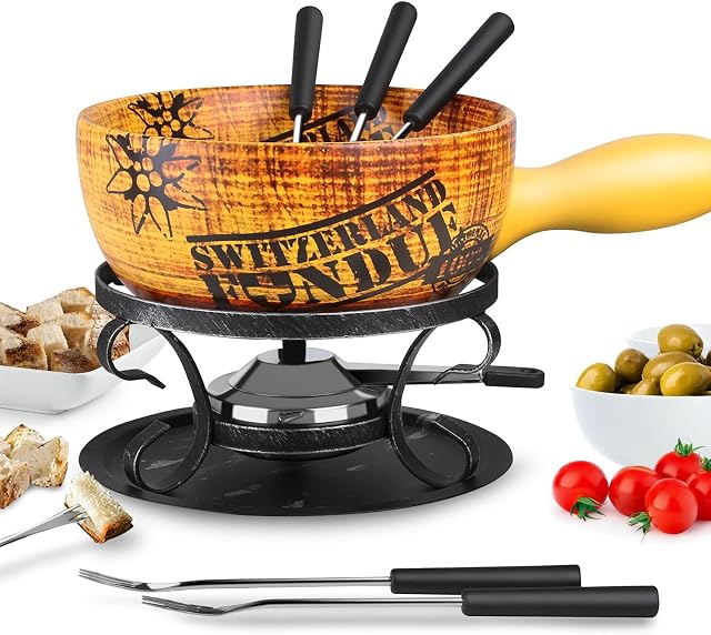 Artestia 2.11-Quart Ceramic Fondue Pot Set for Cheese, Chocolate Melting Pot with 6 Fondue Forks and Swiss Vintage Pattern, Perfect for 6 People, 10 Piece