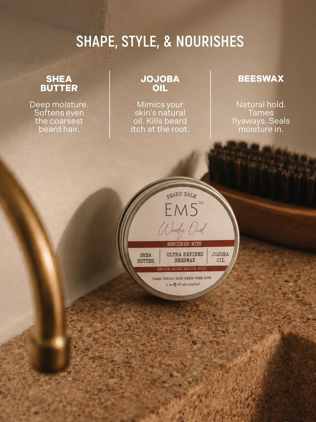 Em5 's Woody Oud Organic Beard Balm Shape Style And Tame Medium Hold And Shine Long Lasting Fragrance For All Hair| Mustache And Beards Wax Gift For Him/Men,1 Count 1