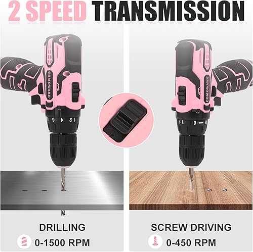 Miniatura 6 de COMOWARE Juego de taladro inalámbrico rosa para mujer, destornillador eléctrico ligero de 12 V con portabrocas sin llave de 38 pulgadas, batería de