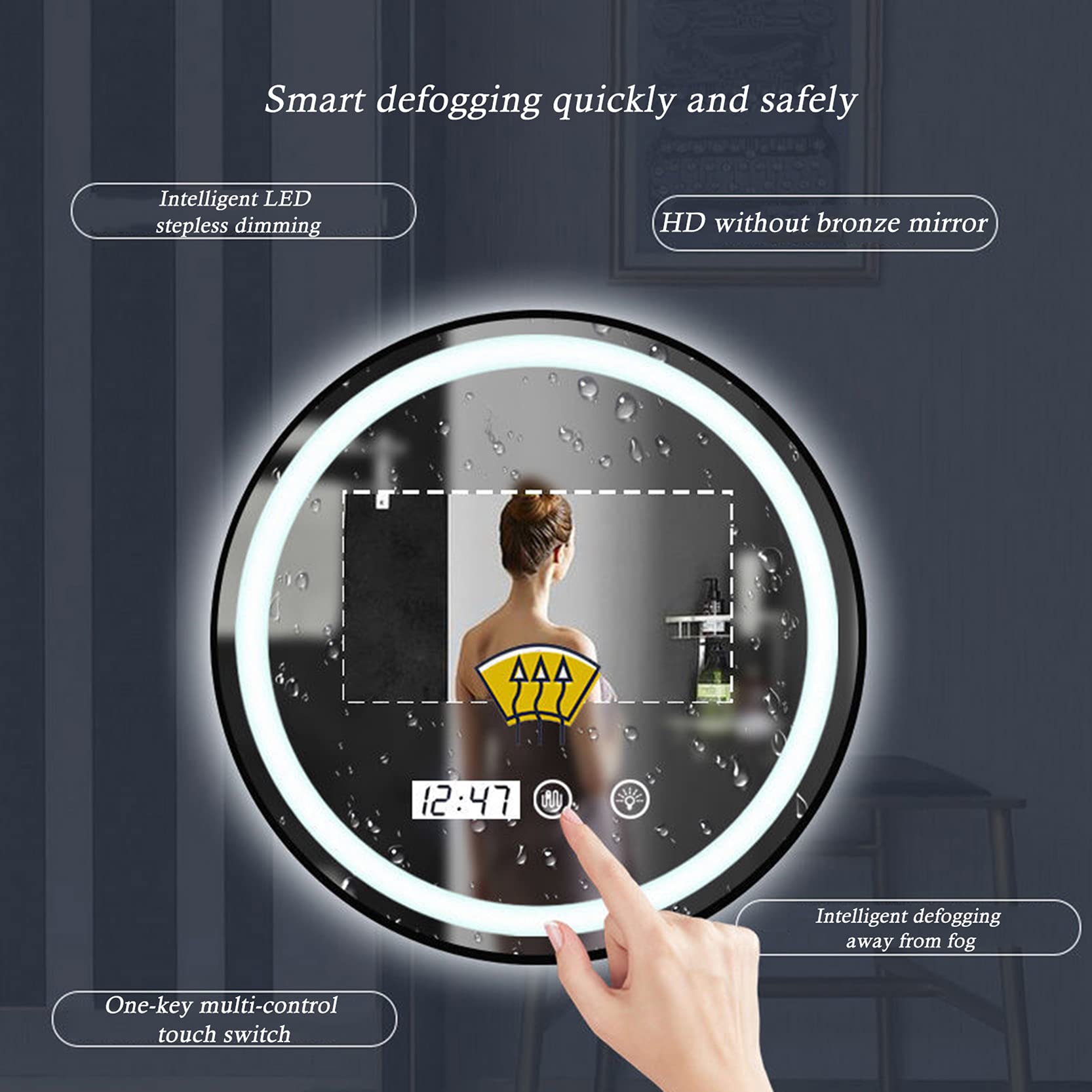 Amazon｜LEDライト付き壁掛けバスルームミラー、曇り止めメイクアップ