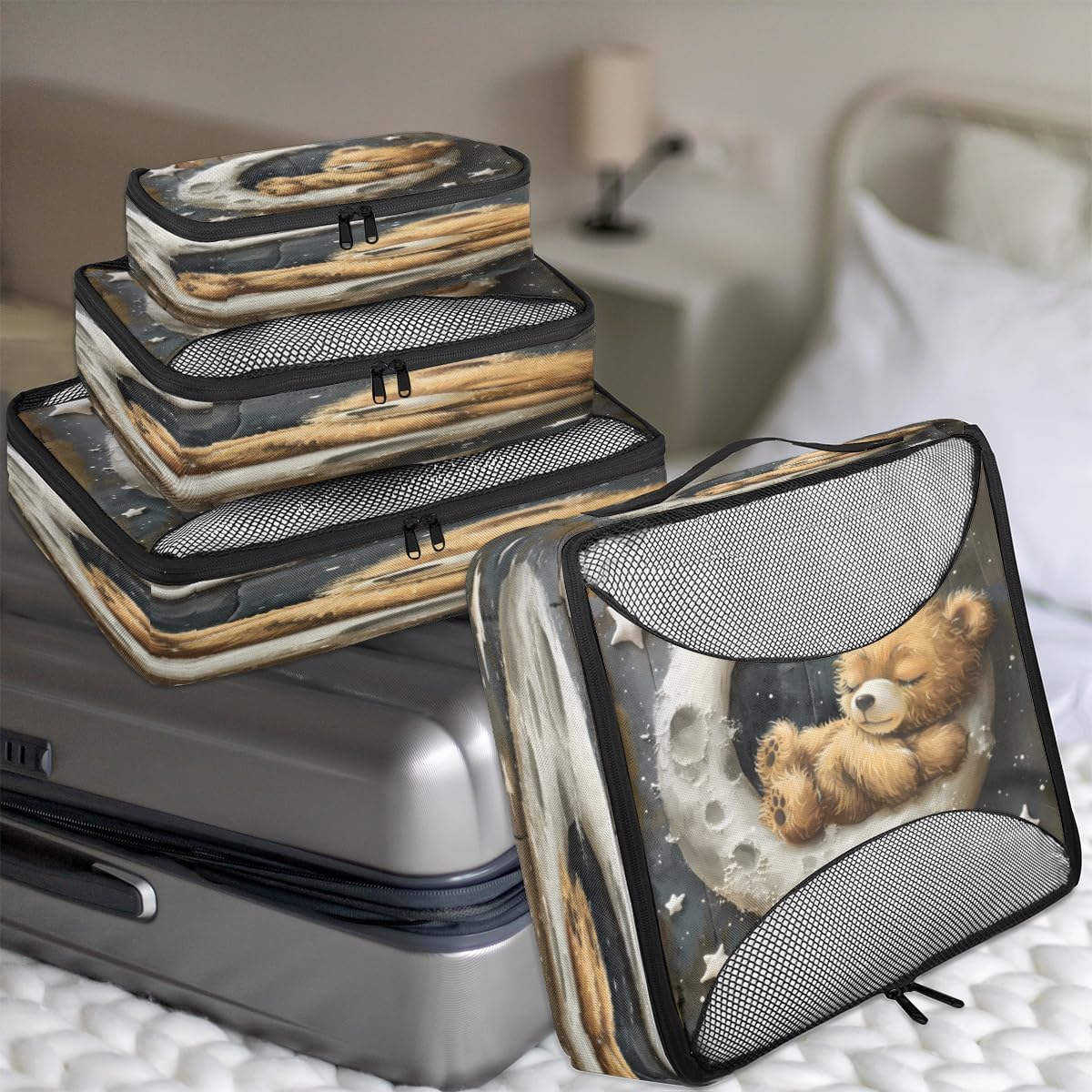 Moon Bear Stars 4 Set Packing Cubes Packing Cubes for Women Lightweight Travel Essential Bag Clothes Carry on Suitcase Bags for Accessories Essentials