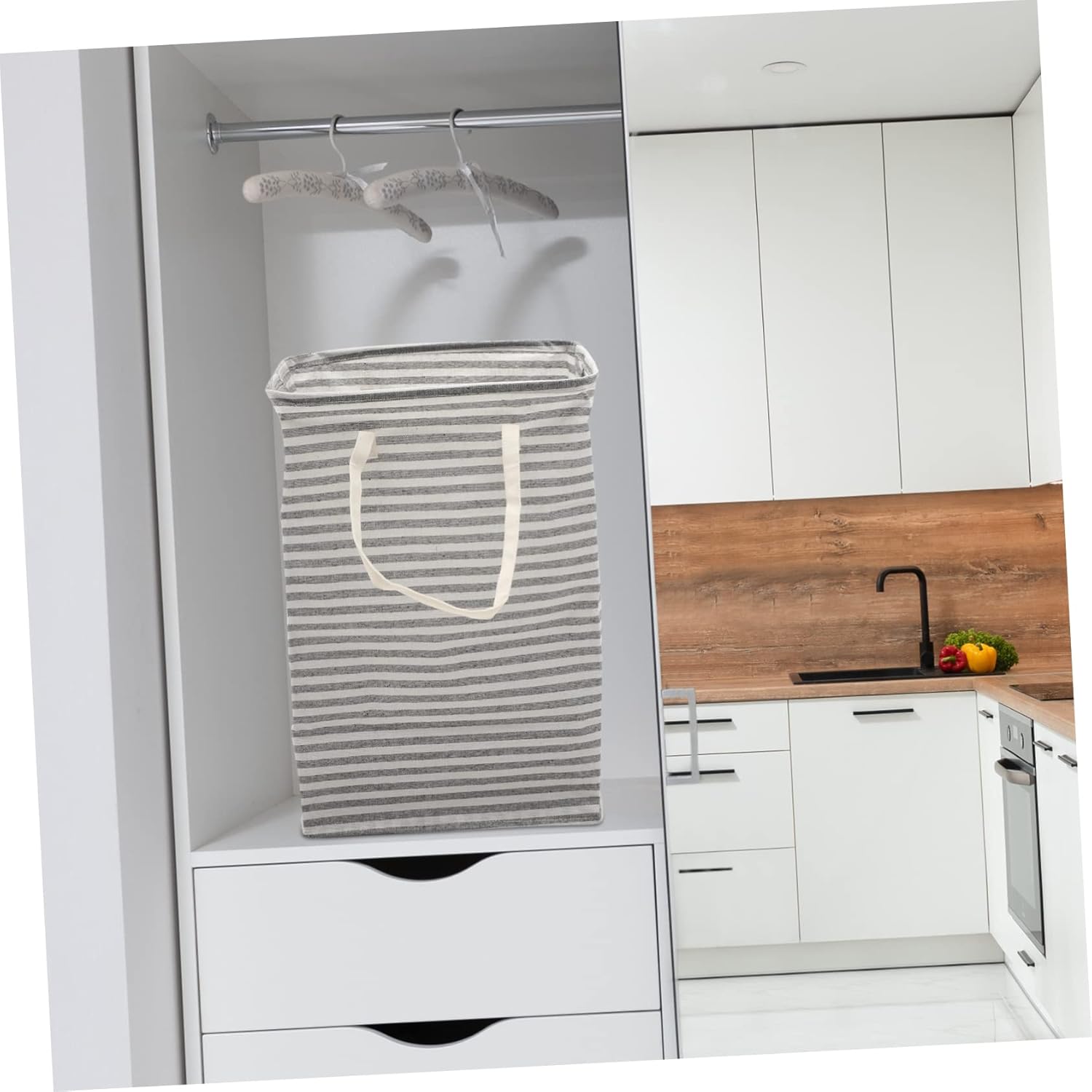 Large Capacity Folding Laundry Basket Portable Handheld Storage Hamper for Clothes and Shoes Collapsible Cotton Linen Gray Striped Laundry Bin for Bathroom and Bedroom Organization