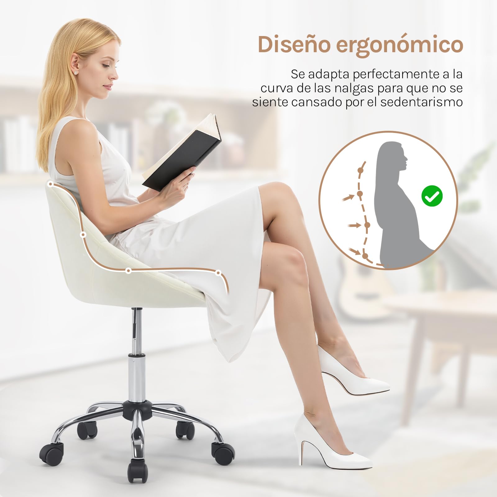 WOLTU Silla Escritorio, Silla tocador, Terciopelo, Crema | con Reposabrazos, Altura Regulable, Sillon para Dormitorio y Tocador con Ruedas