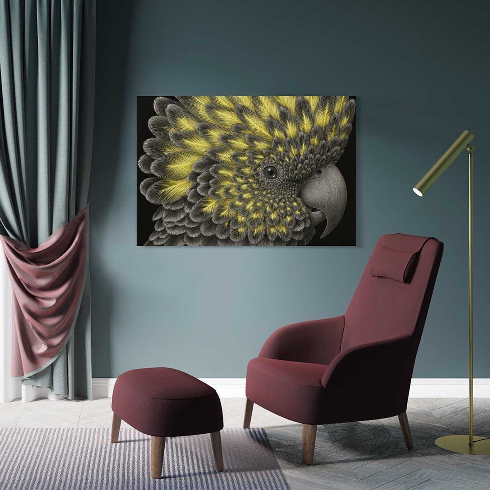 Junmoney Frame-Style-6 Wall Picture Print Detailed Close-Up Of A Yellow-Crested Cockatoo, 20X30inch(50X75cm), For Living Room, Lounge Or Sitting Room, A Home Accent With Warm Character