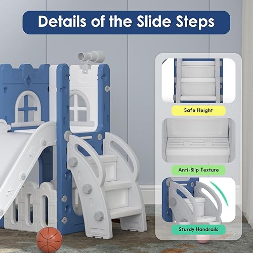 Miniatura 4 de Tobogán para niños pequeños 6 en 1, juego de juegos para niños pequeños para interiores y exteriores, tobogán para bebés con aro de baloncesto,