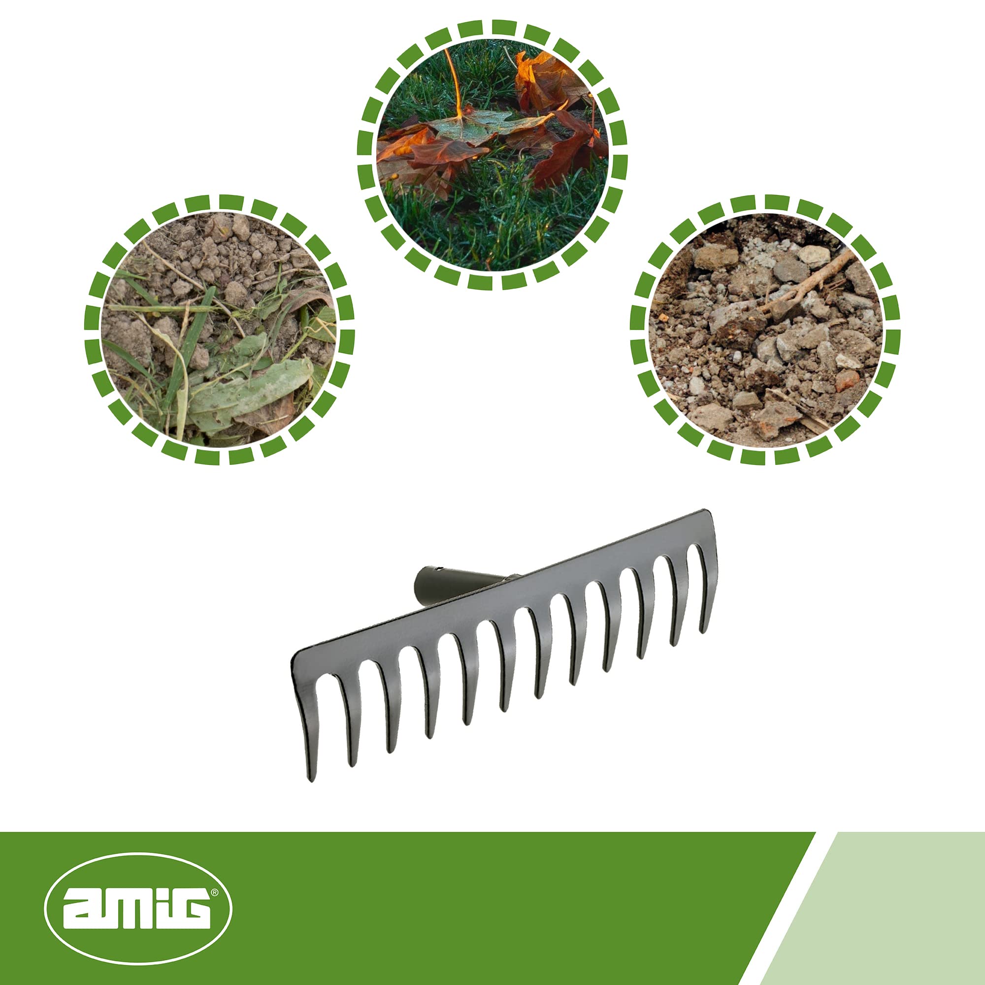 Amig - Rastrillo de Jardin- Rastrillo Metálico de Acero con 12 Dientes Robustos para Rastrillar y Trabajar la Tierra - Herramientas para huerto y Jardinería en Color Negro- Medidas: 300 mm.
