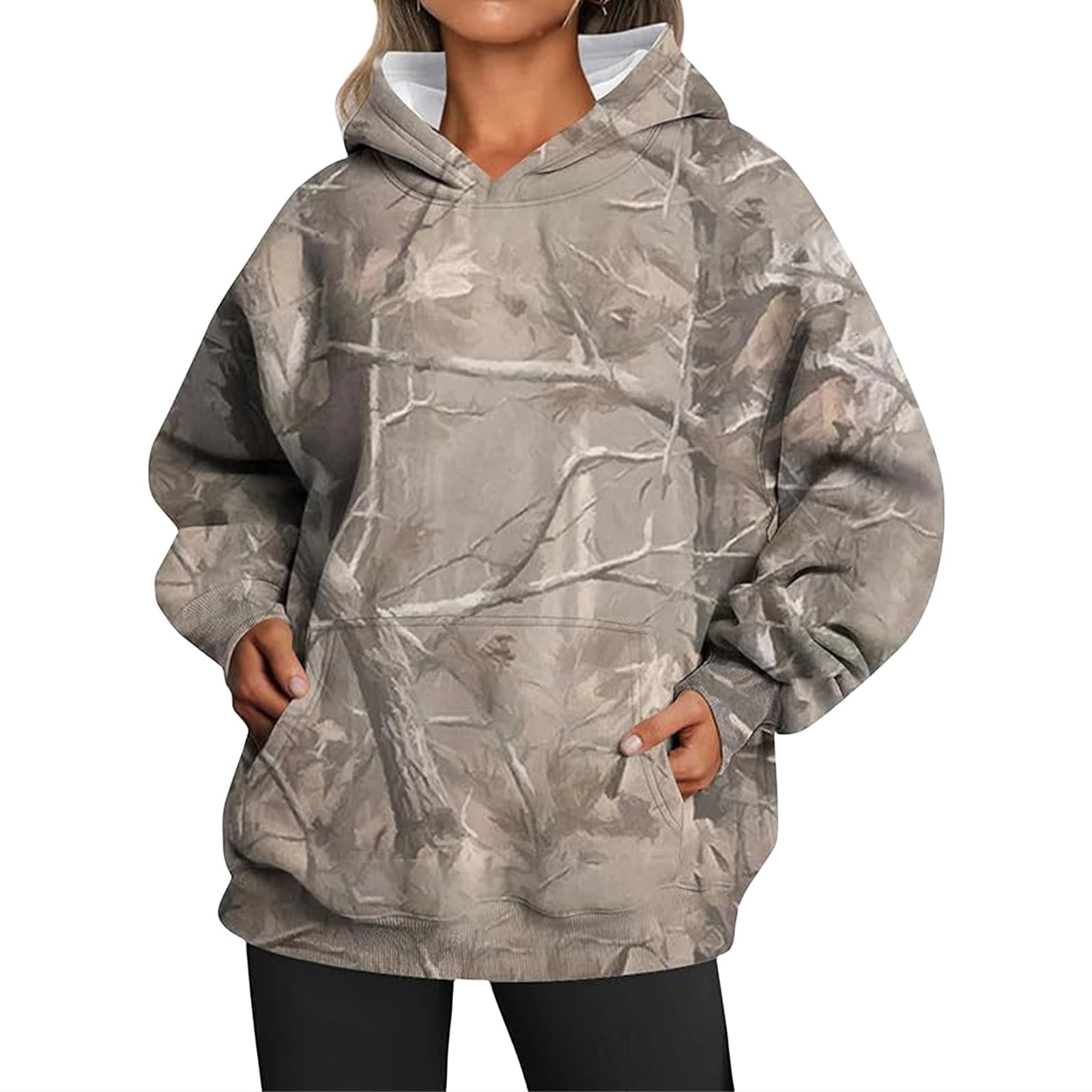 Womens Camo Hoodies Sweatshirt Maple Leaf Print Oversized Hooded Sweatshirt Long Sleeve Fall Pullover Top with Pockets