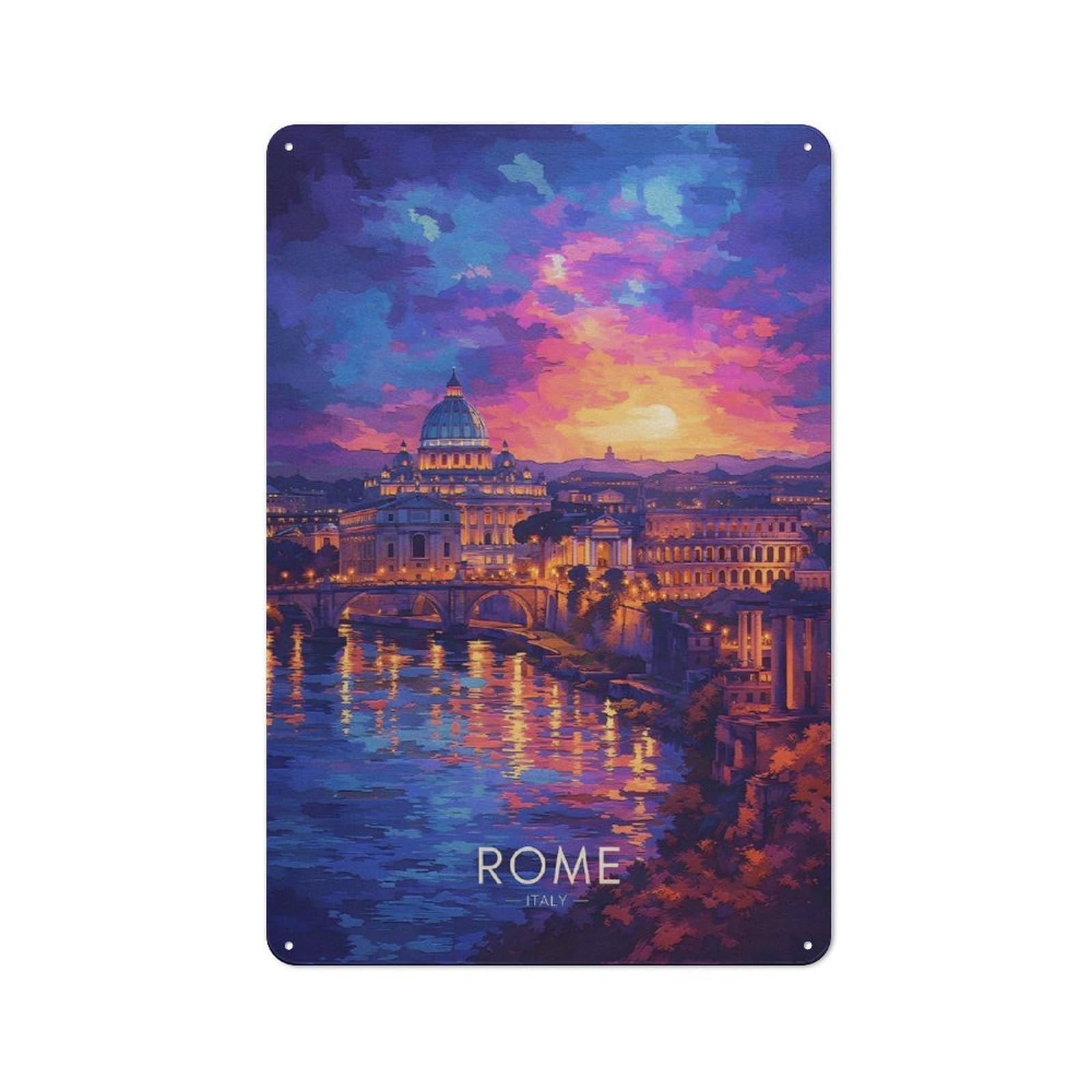 Modern Retro Decorative Metal Plaque 30x20cm Featuring Rome Cityscape at Sunset, Loft Wall Plaque for Flat, Bar, Studio Or Gallery Wall