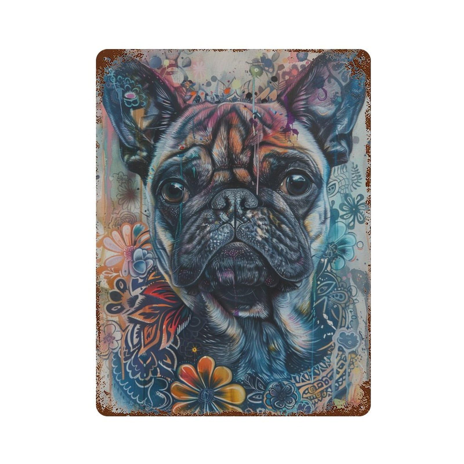 Rustic Tin Plaque Colorful French Bulldog Art Print-1 15.7"x11.8", Vintage Wall Decor for Pub, Kitchen And Man Cave Decor
