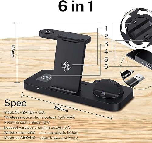 Miniatura 8 de Estación de carga inalámbrica rápida 6 en 1 para iPhone 16151413, Apple Watch Ultra98, AirPods Pro, certificado Qi de 18 W (con adaptador QC3.0)