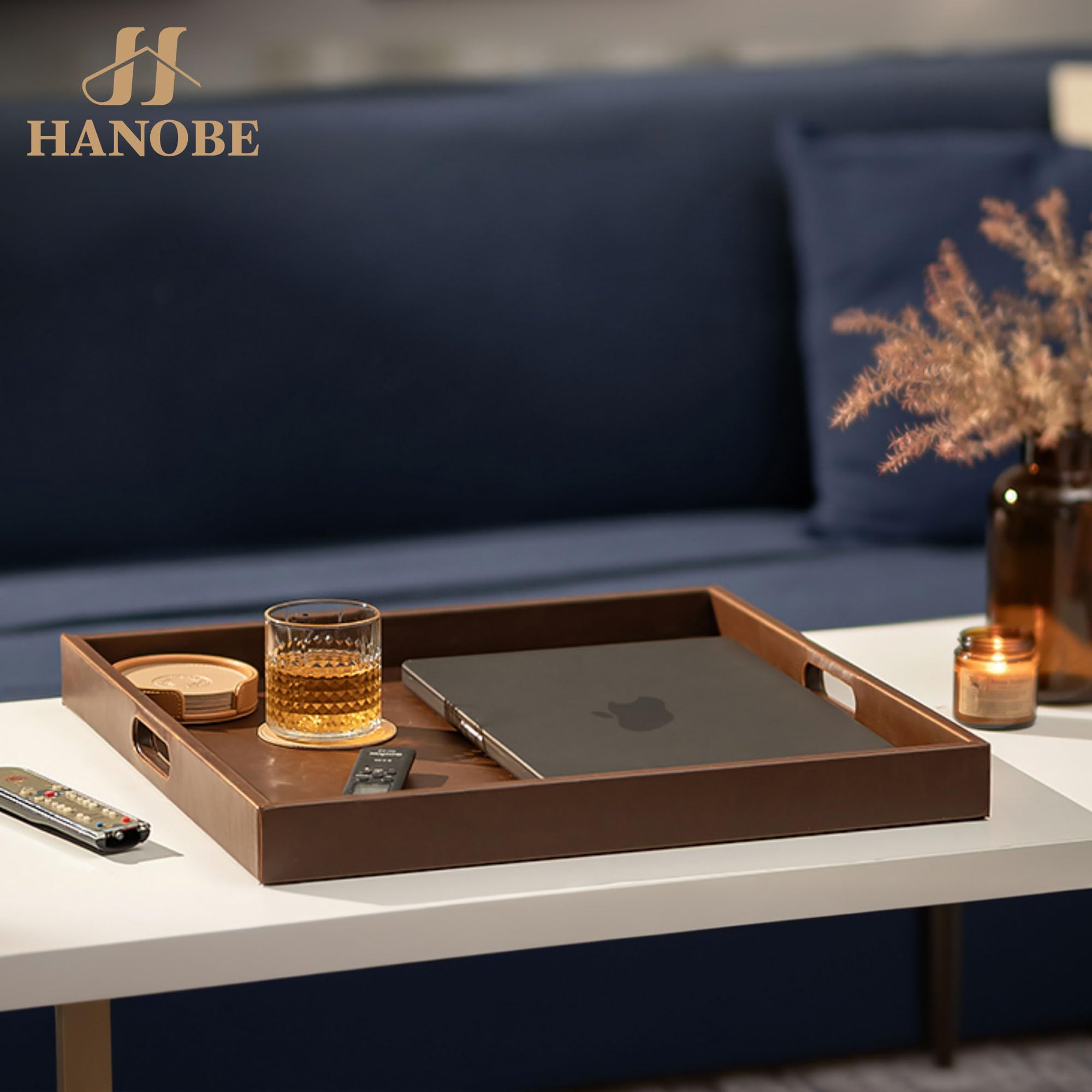 Hanobe Vassoio da portata in legno grande: quadrato ottomano decorativo in pelle con manici per soggiorno – moderno piatto in legno sopra tavolino poggiapiedi extra XXL marrone 50 cm
