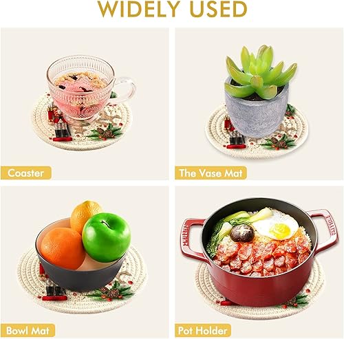 Miniatura 5 de Cascanueces - Juego de 2 soportes para ollas de cocina de Navidad, diseño de caballo de hobbyhorse 100% puro algodón redondo, almohadillas