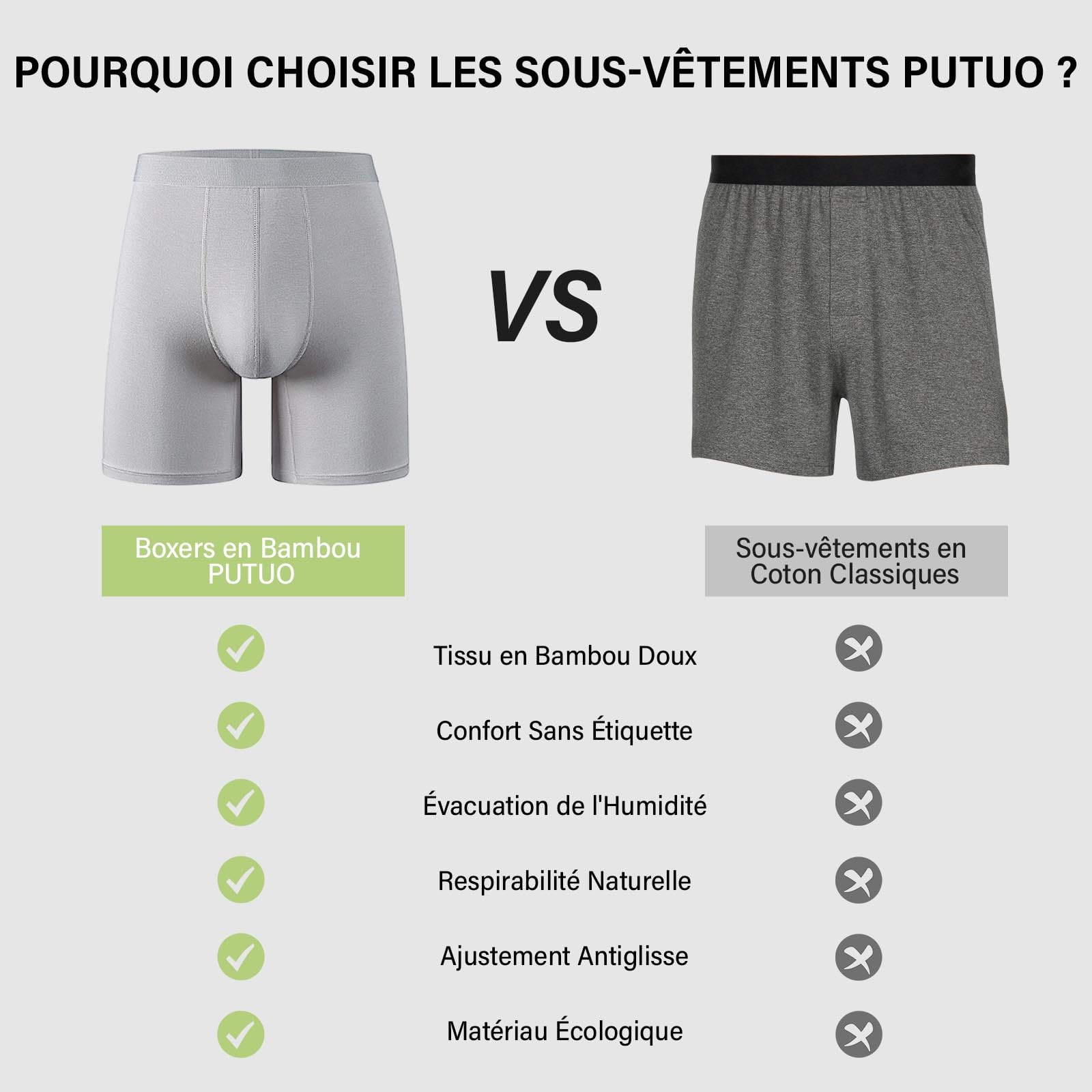 PUTUO Boxers Homme Longs en Bambou: Lot de 6 sous-Vêtements Ultra-Doux Confortables sans Étiquette avec Poche 3D - Idéal pour Peaux Sensibles Sport Travail et Usage Quotidien
