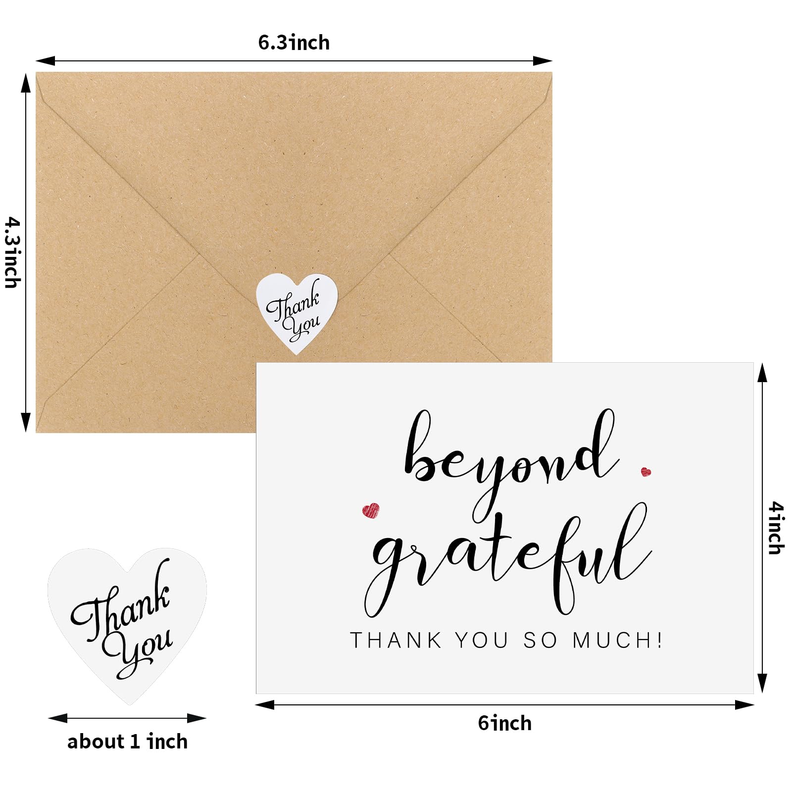200 biglietti di ringraziamento Beyond Grateful con buste in carta kraft e 500 adesivi abbinati, biglietti di ringraziamento da 10 x 15 cm, per baby shower, matrimoni, addio al nubilato, regali di