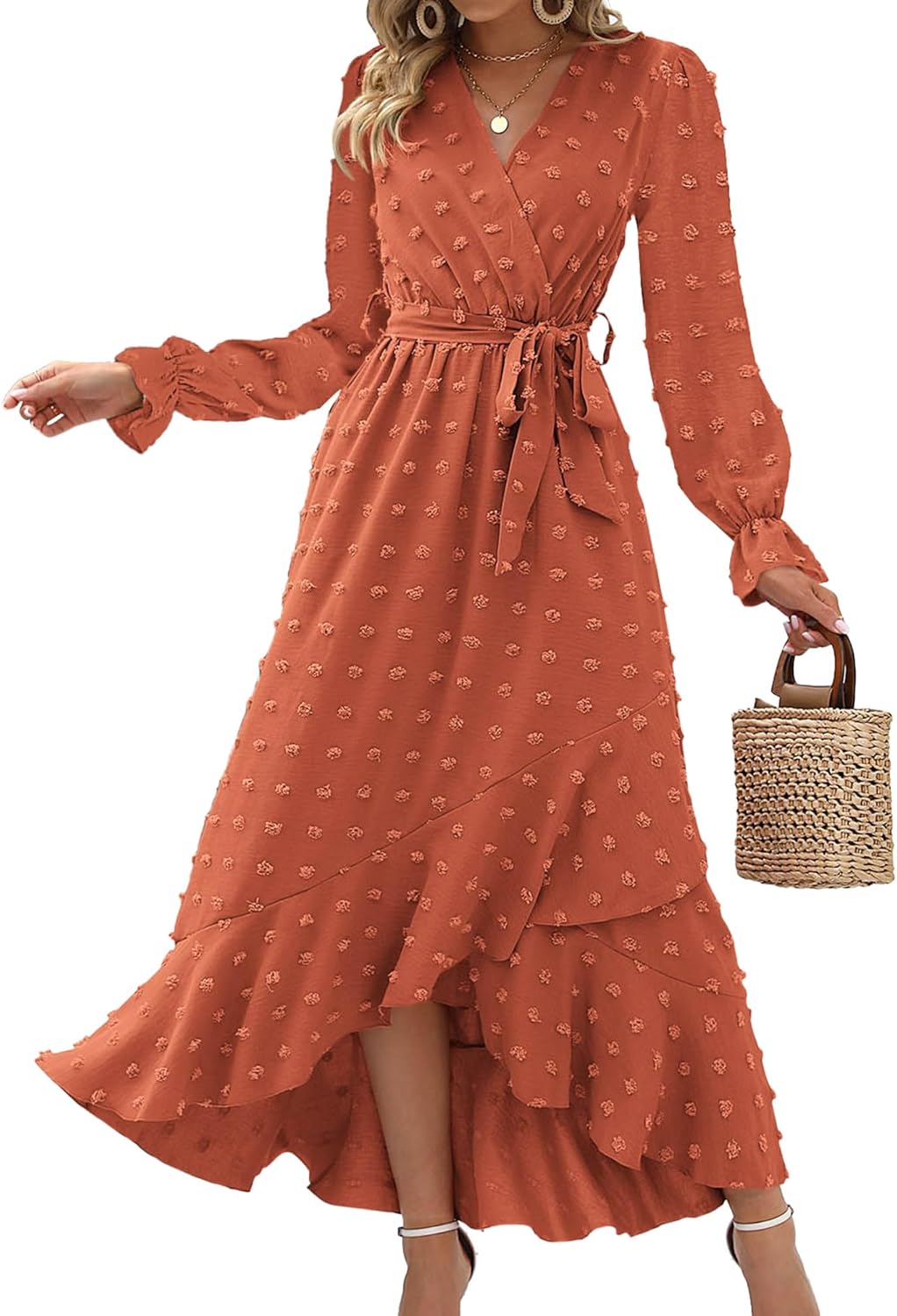 BTFBM Long Sleeve Maxi Dresses for Women V Neck Swiss Dot Boho Flowy Slit Cocktail Wedding Guest Dress Fall Clothes 2025