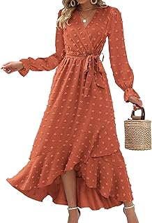 Long Sleeve Maxi Dresses for Women V Neck Swiss Dot Boho Flowy Slit Cocktail Wedding Guest Dress Fall Clothes 2025