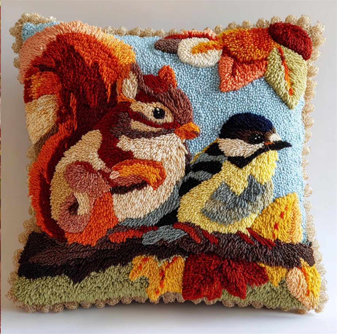 Kitquiver Animal Latch Hook Kits for Adults Fantasy Squirrel DIY Latch Hook Kits Pattern Printed Throw Pillow Case Cushion Cover for Adults and Beginners 17x17In