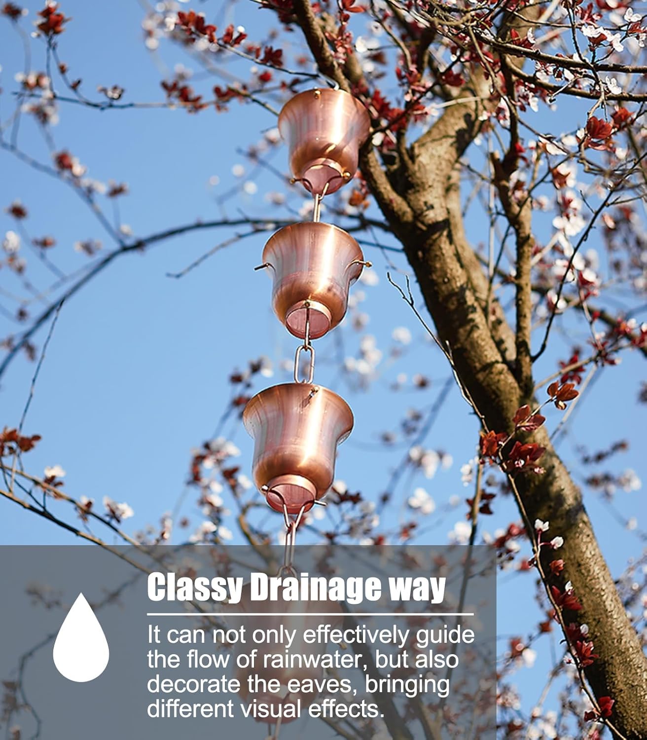 Rain Chain Tea Cup Copper Rain Catcher with 5 Cups/m, Adjustable Divert Water Rain Drain Chains, Hanging Decoration Rain Chains for Rain Gutter (Size : 1 m (3.2ft))