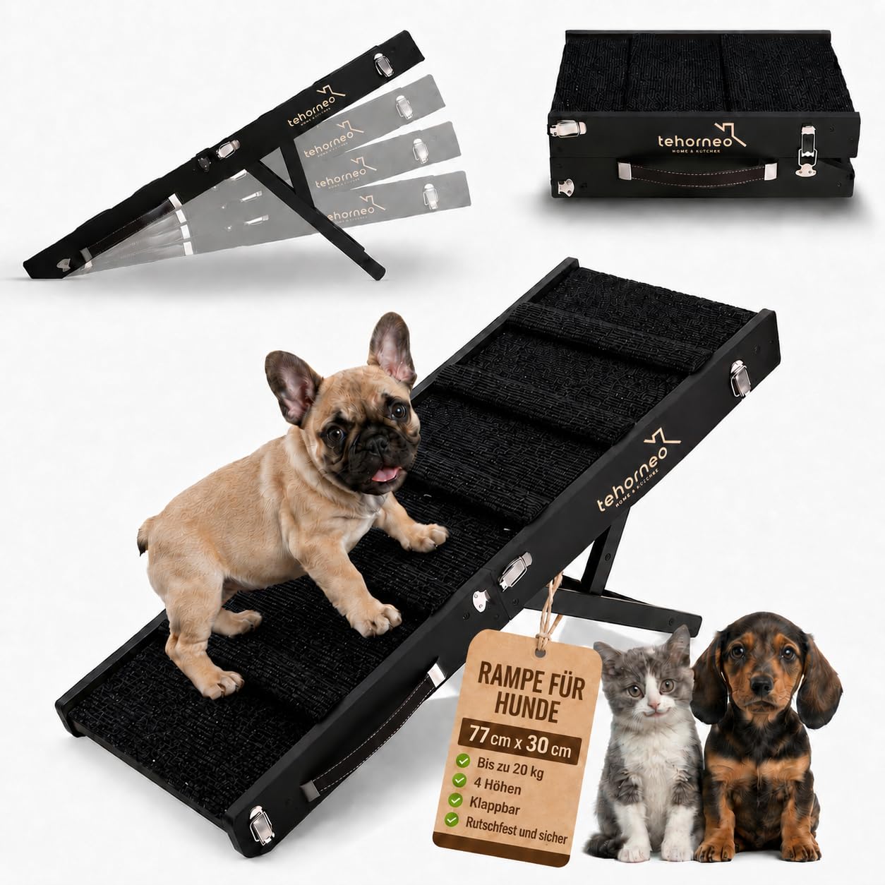 TEHORNEO Hundetreppe für Kleine Hunde, Hunderampe 4 Höhen 25-41 cm, Hunderampe Sofa, Hunde Rampe Bis 20 kg, Hundetreppe, Katzentreppe für Alte Katzen, Katzentreppe, Hunderampe Bett, Dog Ramp