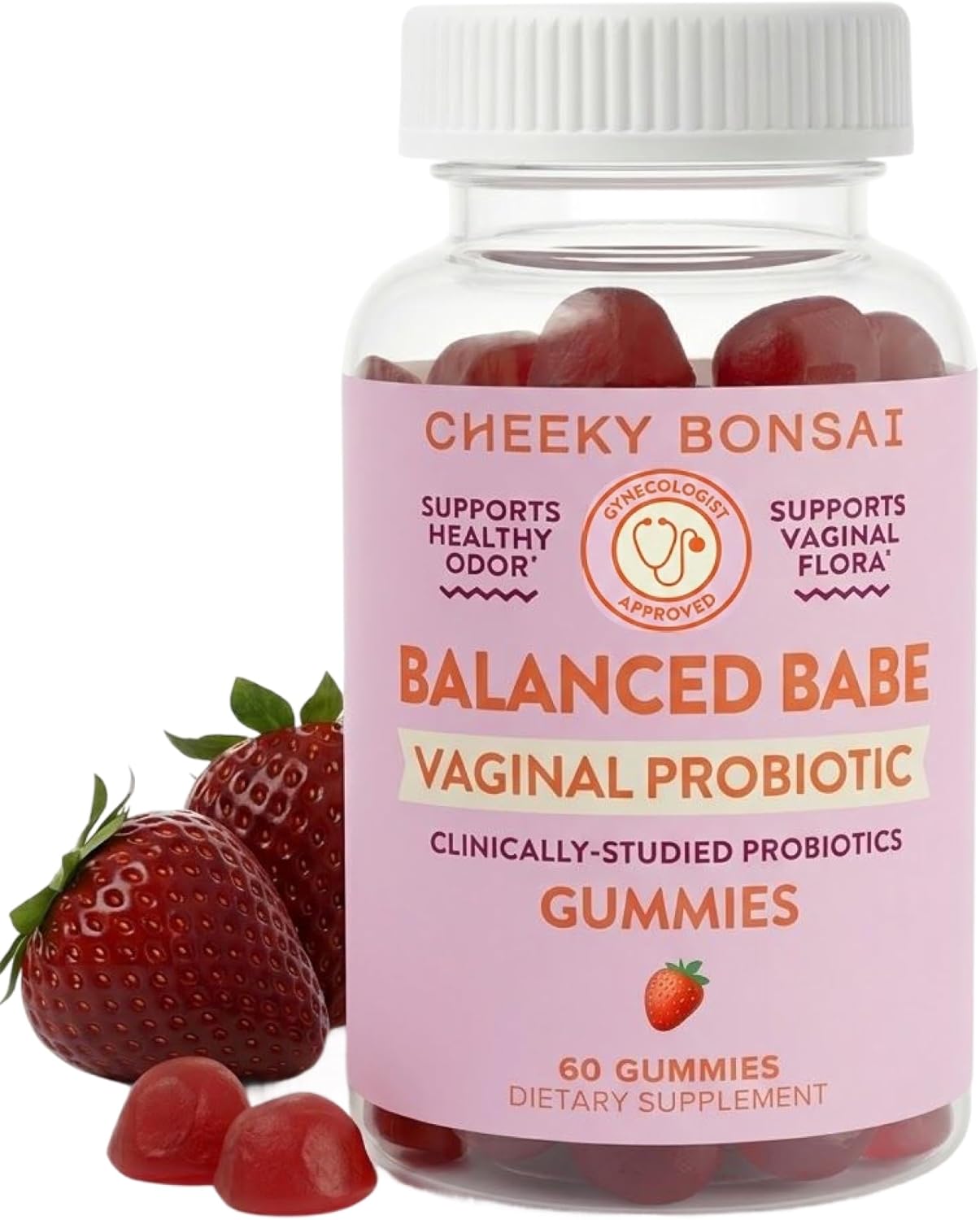 Cheeky Bonsai, Vaginal Probiotic Gummies for Women - Balanced pH, Healthy Odor, and Flora Support - 5 Billion CFUs - Juicy Strawberry Flavor, 60 Count