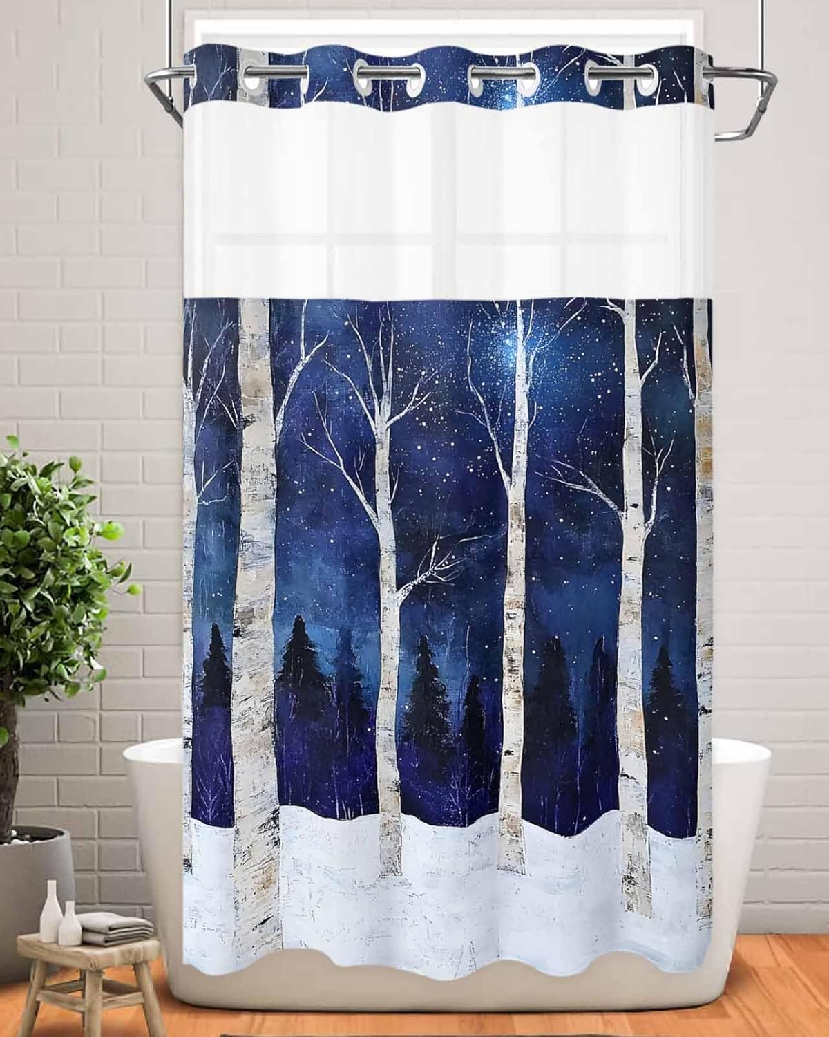No Hook Shower Curtain with Snap-in Liner, Blue Forest Waterproof Fabric Bathroom Curtains, Vintage Night Trees Trunk Branch Bath Curtains & Mesh Top Window Stand Up Stall 36"x72"