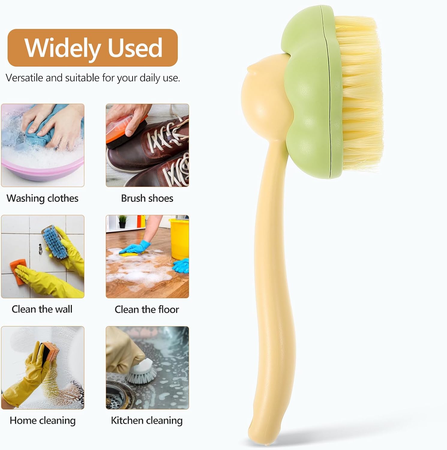 Multipurpose Shoe Cleaning Brush and Laundry Scrub Brush with Detachable Soft Bristle Heads, Yellow-Green, Household Use for Adults and Babies