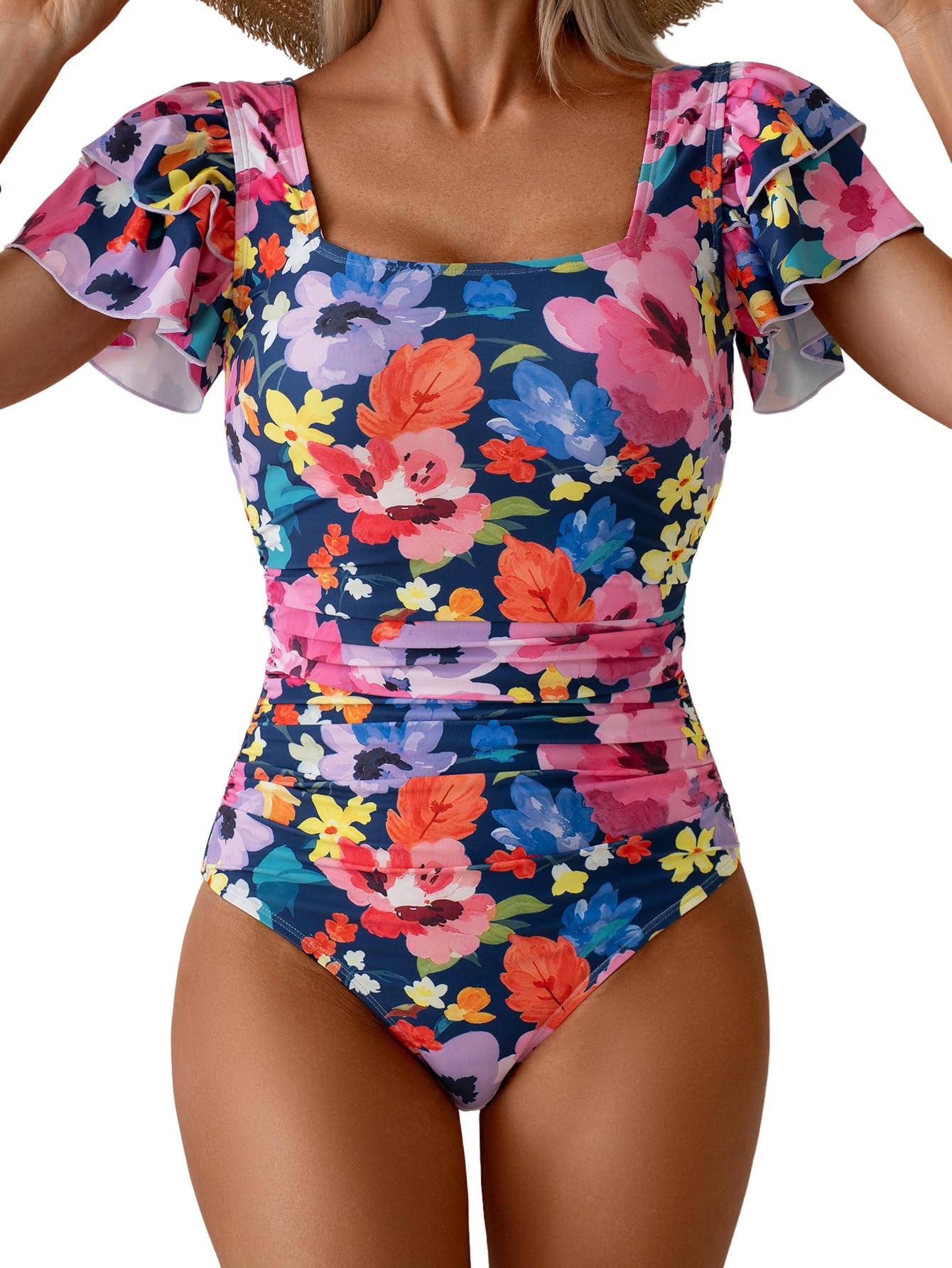 Eomenie Women's Ruffle Sleeve One Piece Swimsuit Tummy Control Bathing Suit | Square Neck, Ruched, Slimming, Modest, Cutout Back, Non-removable Padding