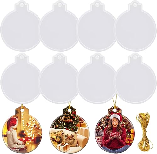 FEBSNOW 8 moldes de resina para adornos de Navidad, moldes redondos de resina de silicona con cuerdas, moldes de fundición para colgantes de resina